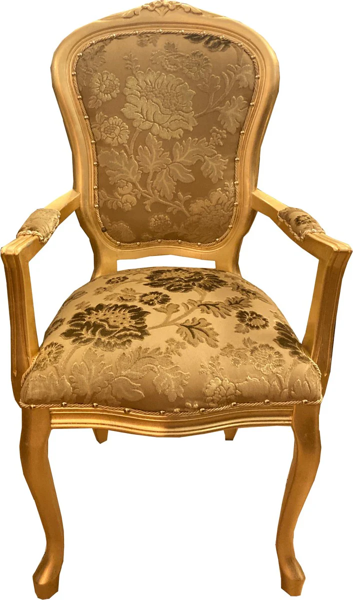 Baroque Luxury Dining Chair with Armrests Gold Bouquet Pattern / Gold