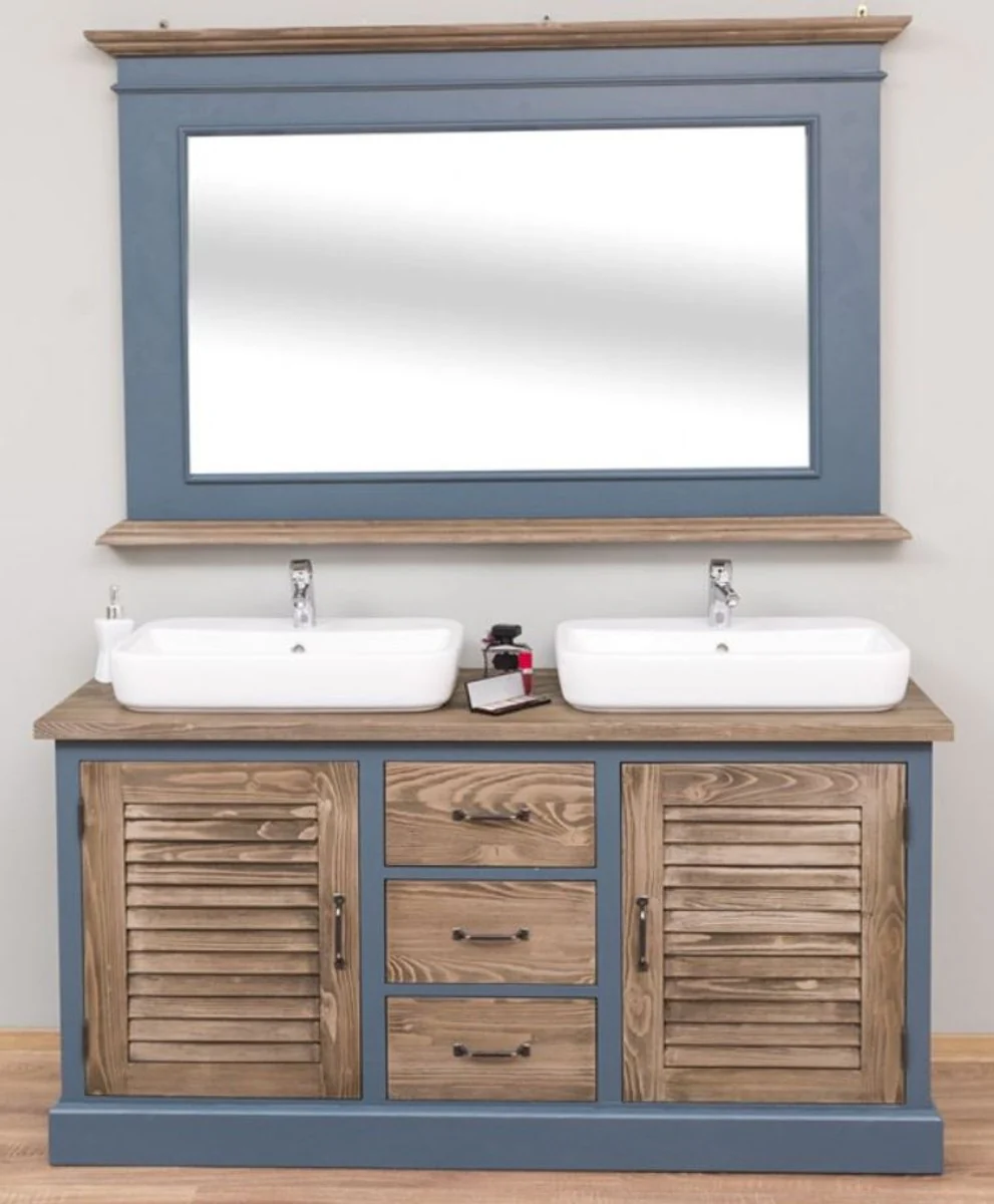 Country house style bathroom set blue / brown - 1 double washbasin & 1 wall mirror - country house style bathroom furniture