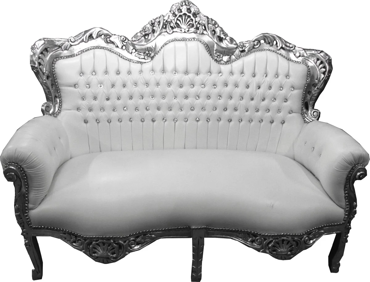 Baroque 2-seater sofa King white leather look / silver with bling bling glitter stones - living room couch furniture lounge