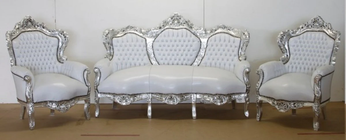 Barock Sofa Garnitur Weiß Lederoptik / Silber + 2 Sessel - Wohnzimmer Barock