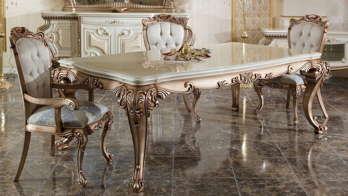 Luxury Baroque Dining Room Set White / Copper - 1 Baroque Dining Table & 6 Baroque Dining Room Chairs - Baroque Dining Room Furniture - Luxury Furniture in Baroque Style - Noble & Magnificent