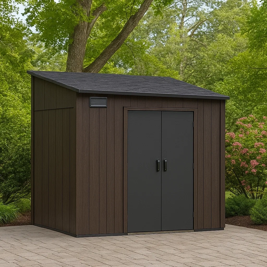 Gartenhaus aus Kunstharz, mit Doppeltüren, braun und schwarz, Maße 250 x 200 x 220 cm, für den Außenbereich - YNWjgCxVzzLW