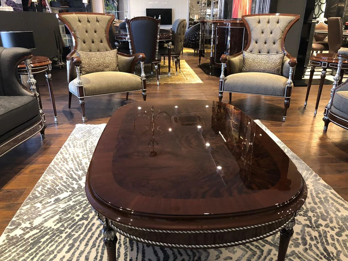 Luxury baroque coffee table brown / silver 144 x 92 x H. 45 cm - Oval solid wood living room table - Noble baroque living room furniture