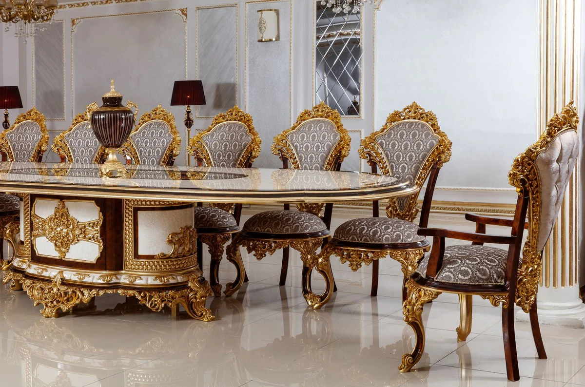 Luxury Baroque Dining Room Set White / Brown / Gray / Gold - 1 Baroque Dining Table & 22 Baroque Dining Chairs - Hotel Furniture - Castle Furniture - Palace Furniture - Luxury Furniture in Baroque Style