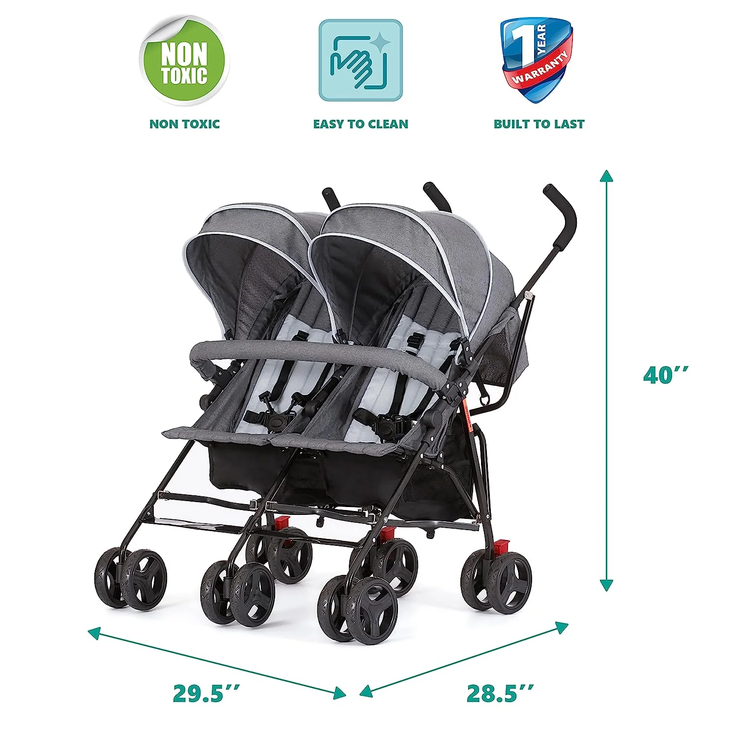 Zwillings-Regenschirm-Kinderwagen in Mint, leichter Doppel-Kinderwagen für Säuglinge und Kleinkinder, kompakt, einfach zusammenklappbar, großer Aufbewahrungskorb, großes und verstellbares Verdeck