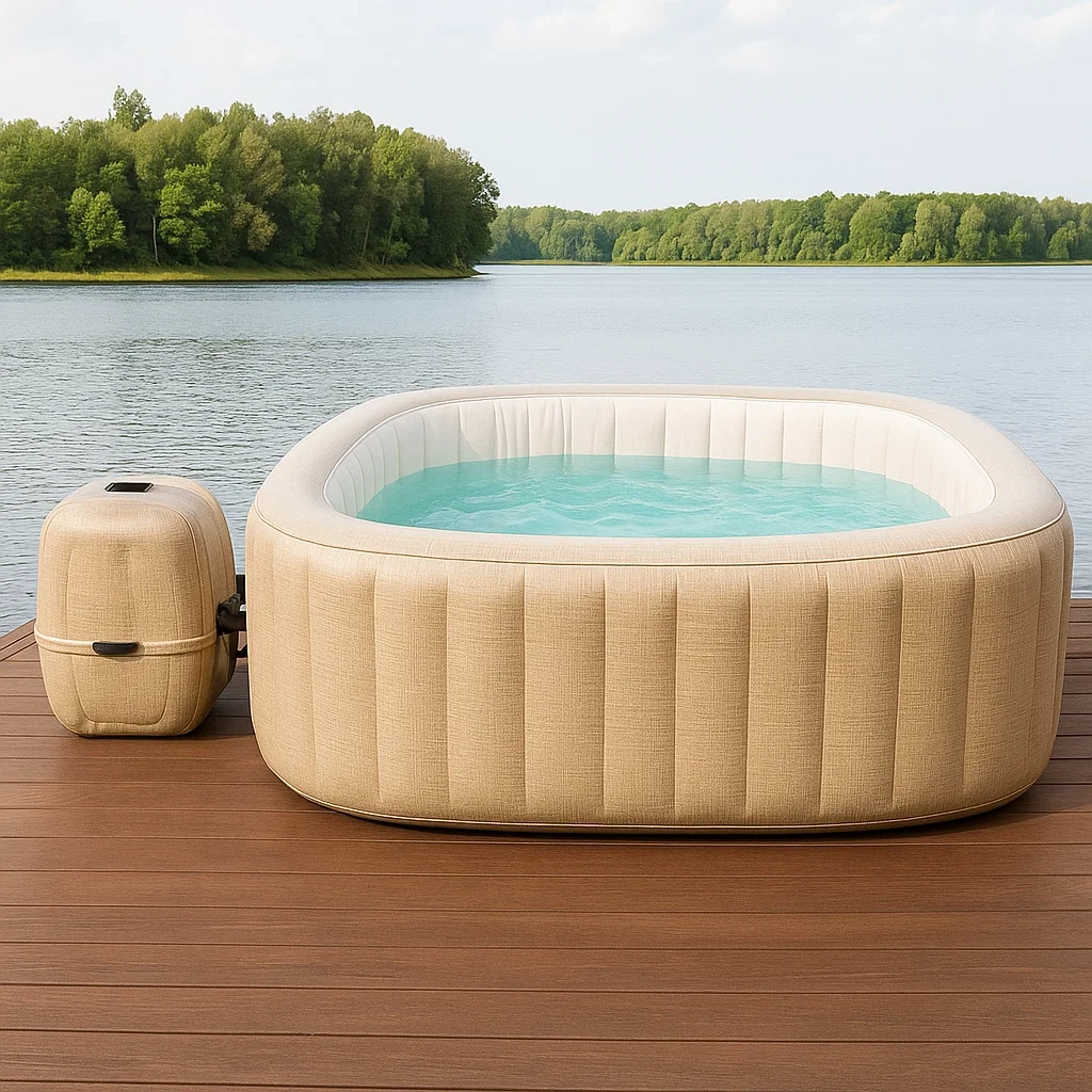 Quadratischer aufblasbarer Whirlpool, 4 Sitze, PVC-Gestell, beige und weiß, freistehend, Maße 180 x 180 x 70 cm - CTiU6O2MiPfk