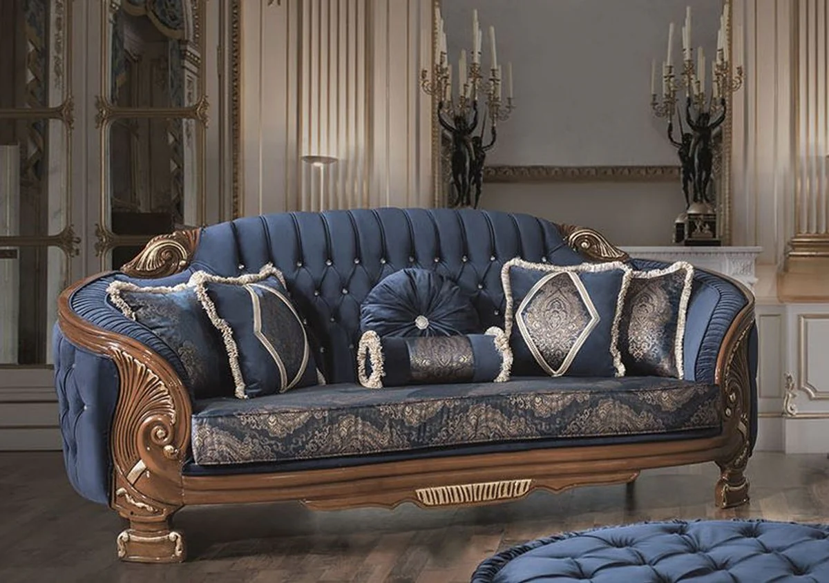 Luxus Barock Wohnzimmer Sofa mit Glitzersteinen und dekorativen Kissen Blau / Braun 240 x 90 x H. 105 cm - Edel & Prunkvoll