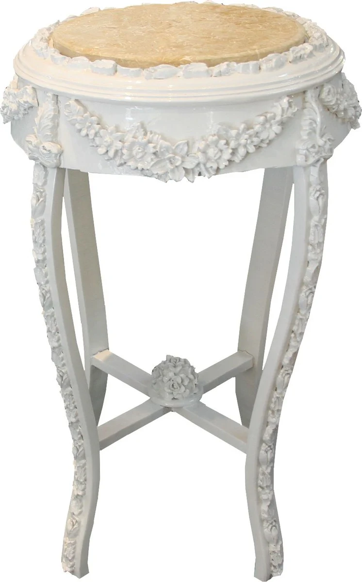Baroque side table round Flowers Mod2 white/cream antique look - 71 x 42 cm