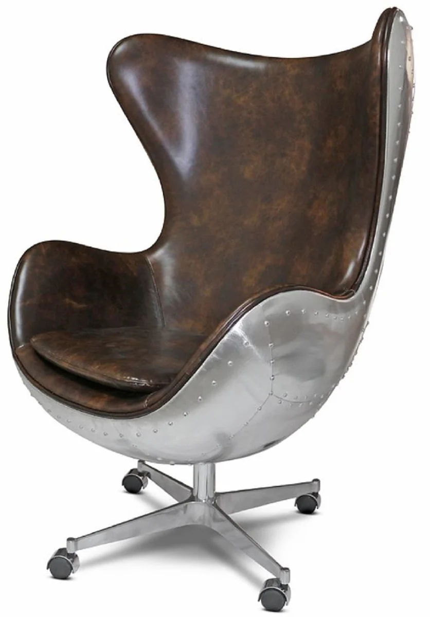 Real leather swivel armchair dark brown / silver 85 x 78 x H. 112 cm - leather armchair in egg shape - club armchair - lounge armchair - aluminum aircraft aviator furniture