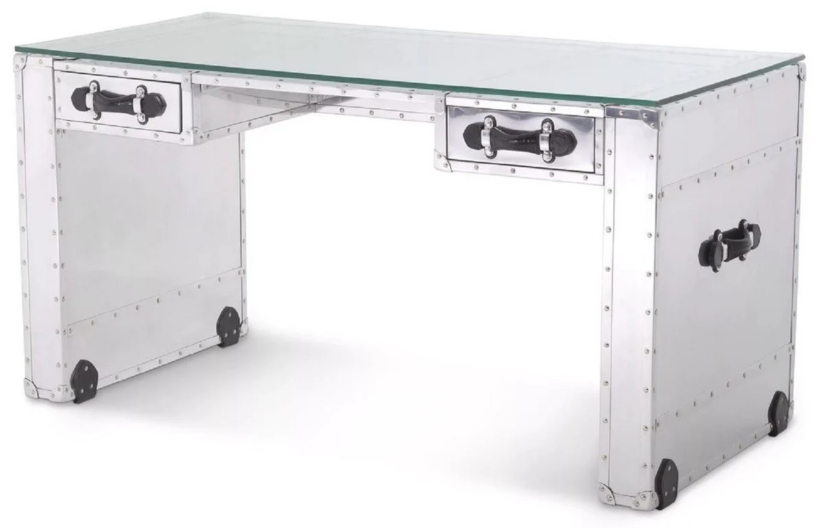 Luxus Schreibtisch im Koffer Design Silber / Schwarz 150 x 72 x H. 76 cm - Aluminium Bürotisch mit Glasplatte - Aluminium Möbel - Büro Möbel - Luxus Möbel - Luxus Einrichtung