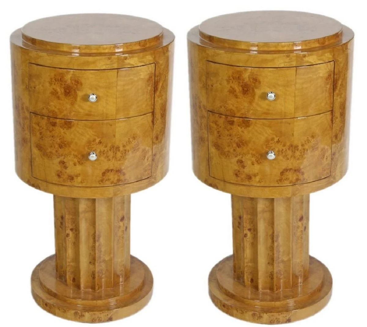 Art Deco side table set light brown Ø 40 x H. 75 cm - Round root wood side tables with 2 drawers - Luxury quality