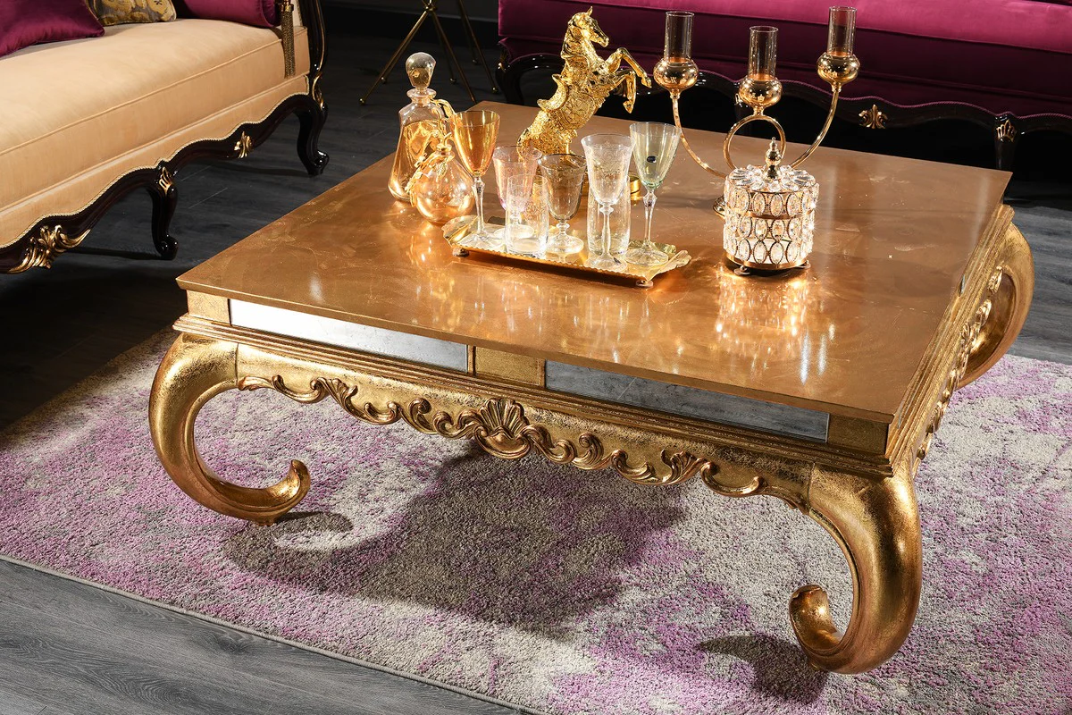 Luxury baroque coffee table gold 128 x 128 x H. 48 cm - elegant solid wood living room table with glass top and mirror glass - luxury quality