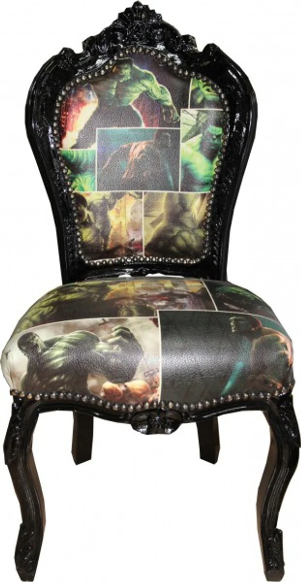 Baroque Dining Room Chair Comic Design / Black Leather Look Furniture Antique Style - Limited Edition!