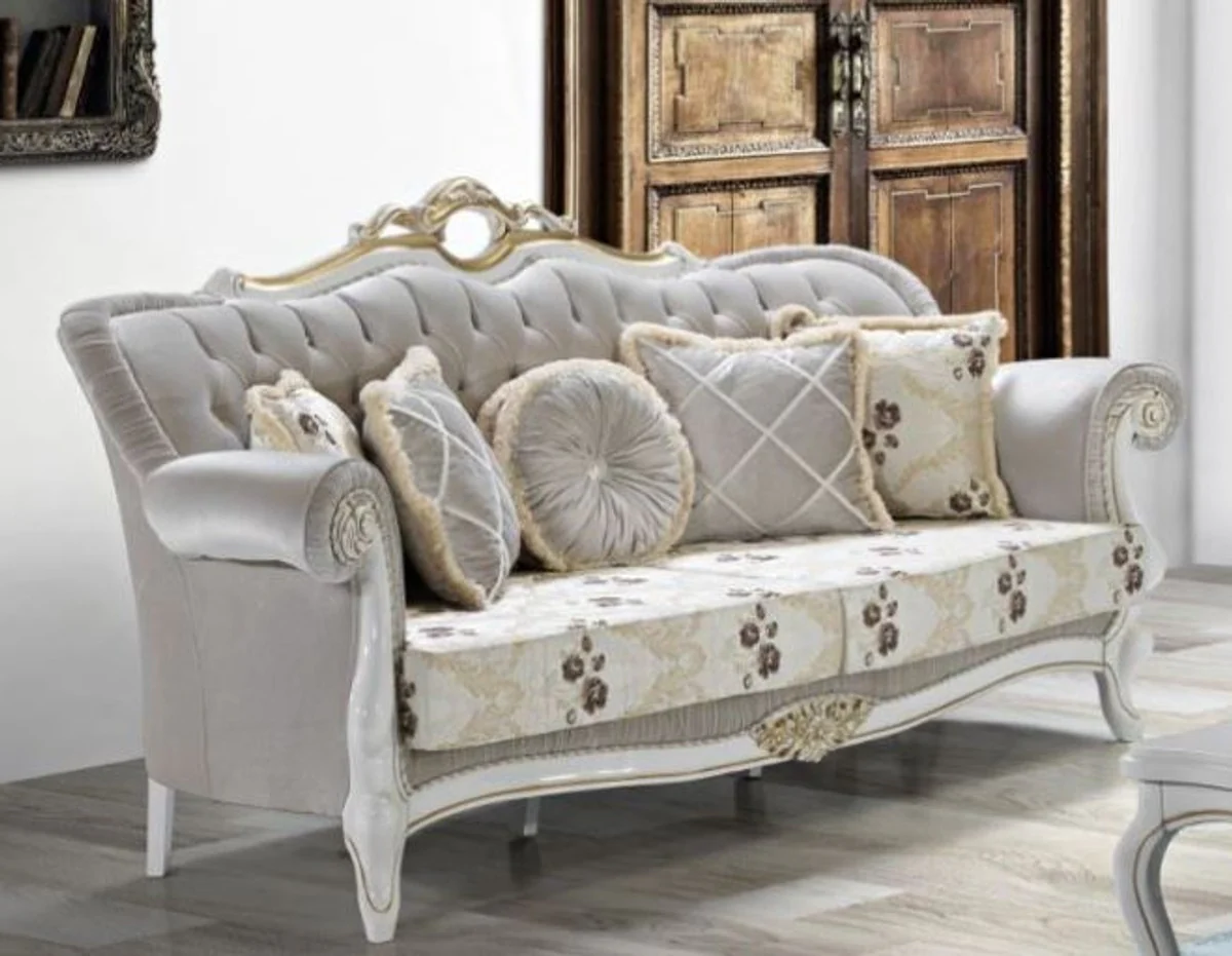 Baroque living room sofa with glittering stones and floral pattern light gray / cream / beige / white / gold 215 x 80 x H. 120 cm - Baroque furniture