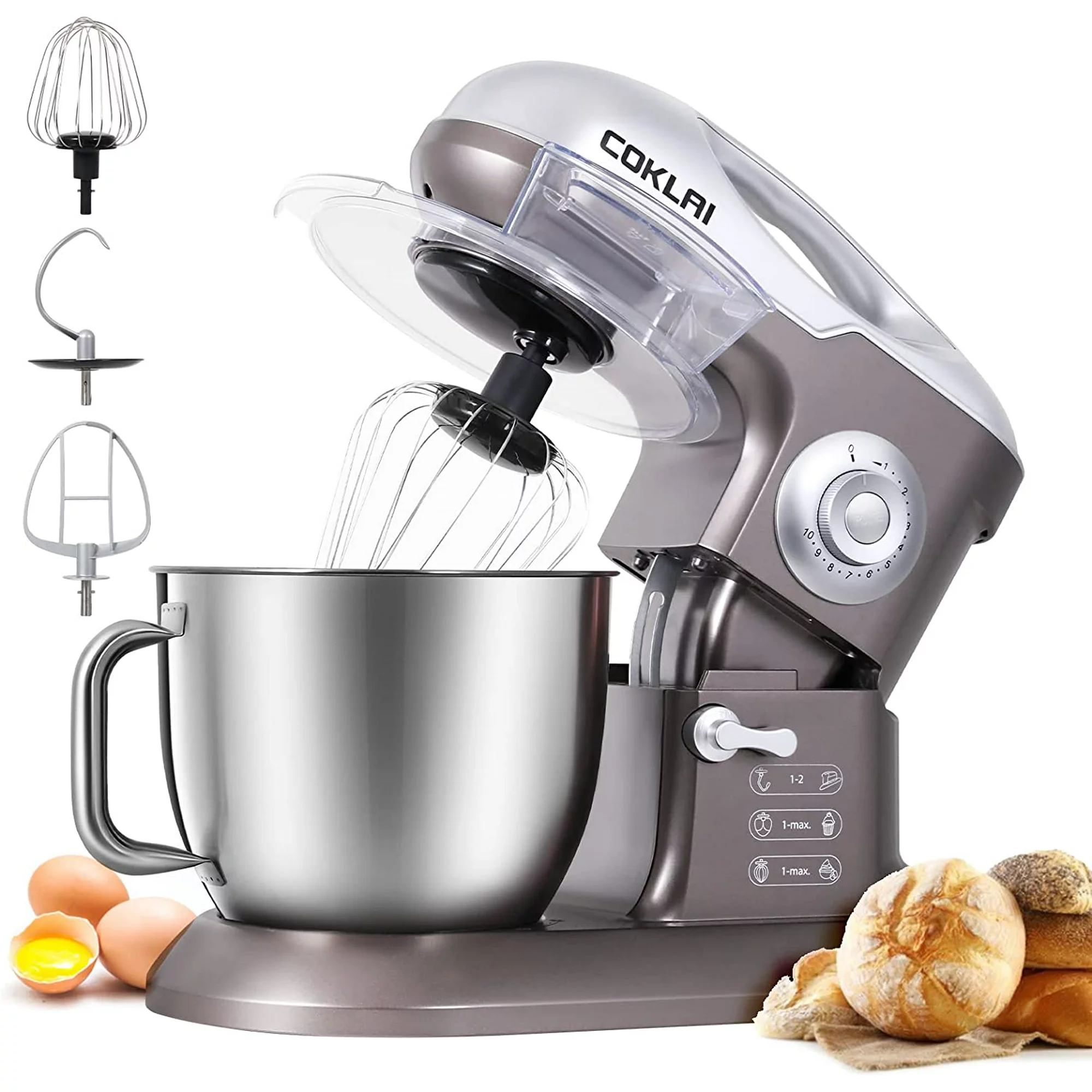 COKLAI Standmixer, 10 Geschwindigkeiten Tilt-Head 660W Food Mixer, 7.3-QT Electric Mixer mit Edelstahl Mischschale, Küchenmischer mit Dough Hook, Flat Beater, Wire Whisk und Splash Guard