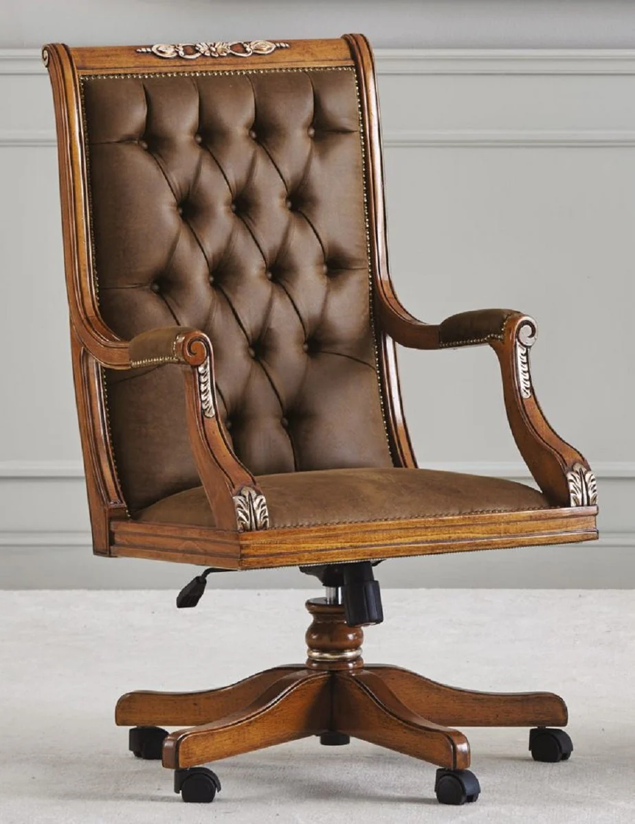 Luxury Baroque Chesterfield Desk Chair Brown - Height-adjustable Baroque style office chair with elegant faux leather - Baroque office furniture - Luxury quality - Made in Italy