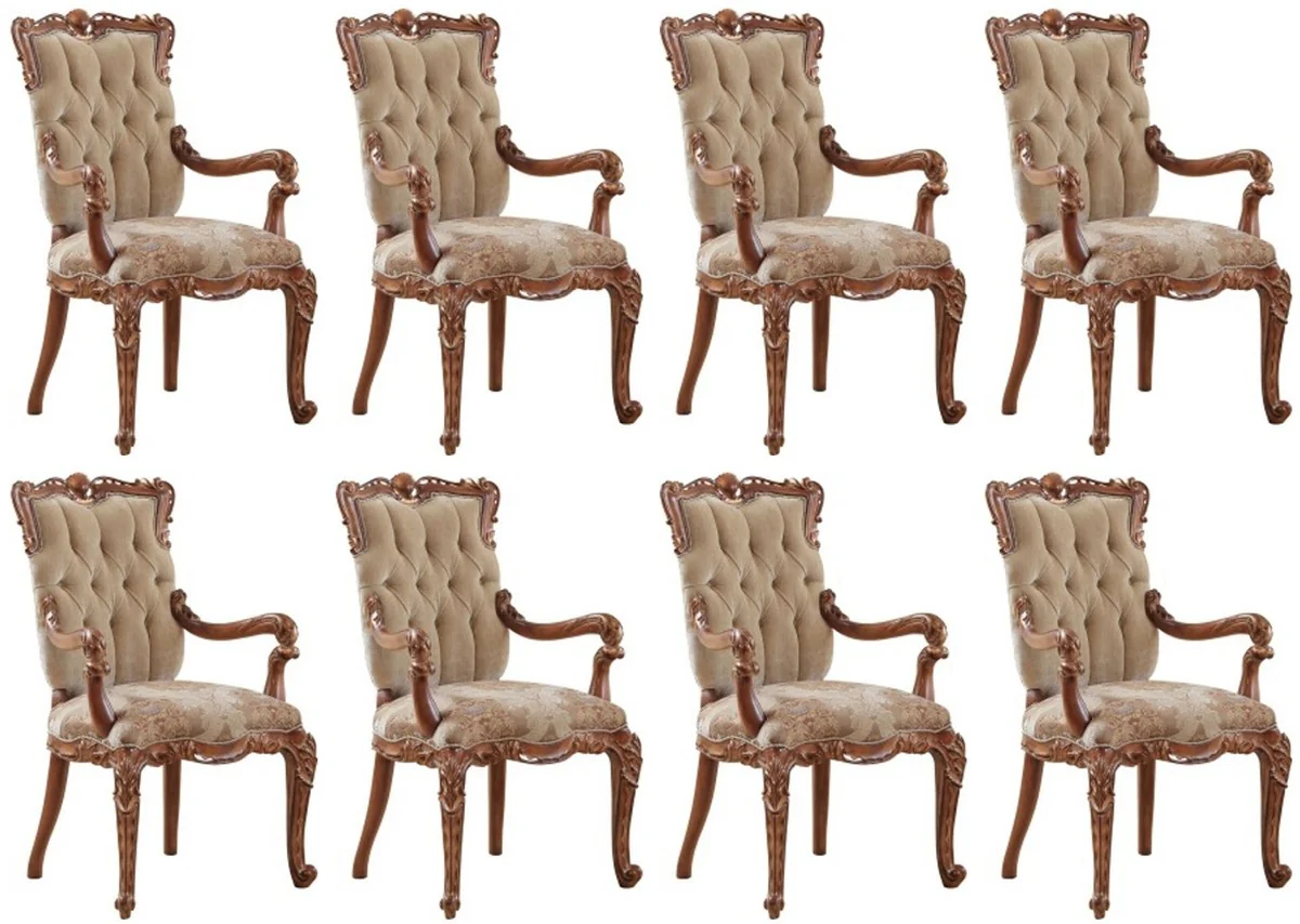 Luxury Baroque Dining Room Chair Set of 8 with Armrests Beige / Brown - Baroque Dining Room & Restaurant Furniture - Noble & Magnificent