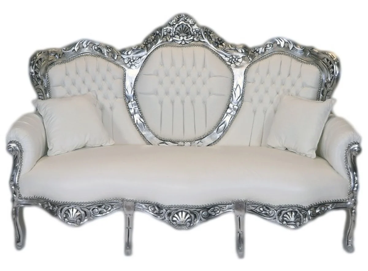 Baroque 3 Seater Sofa King White Leather Look / Silver - Living Room Couch Furniture Lounge