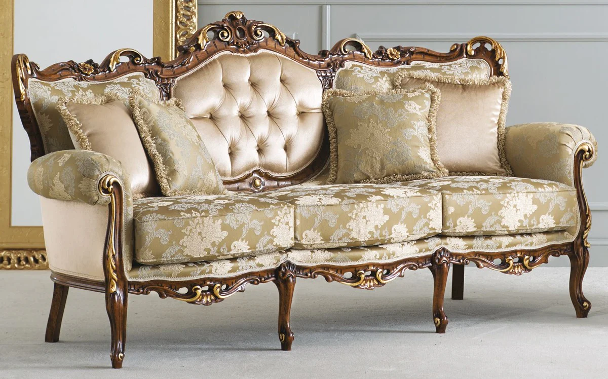 Luxus Barock Sofa Creme / Gold / Braun / Gold - Prunkvolles Barockstil Wohnzimmer Sofa - Luxus Wohnzimmer Möbel im Barockstil - Barock Möbel - Luxus Qualität - Made in Italy