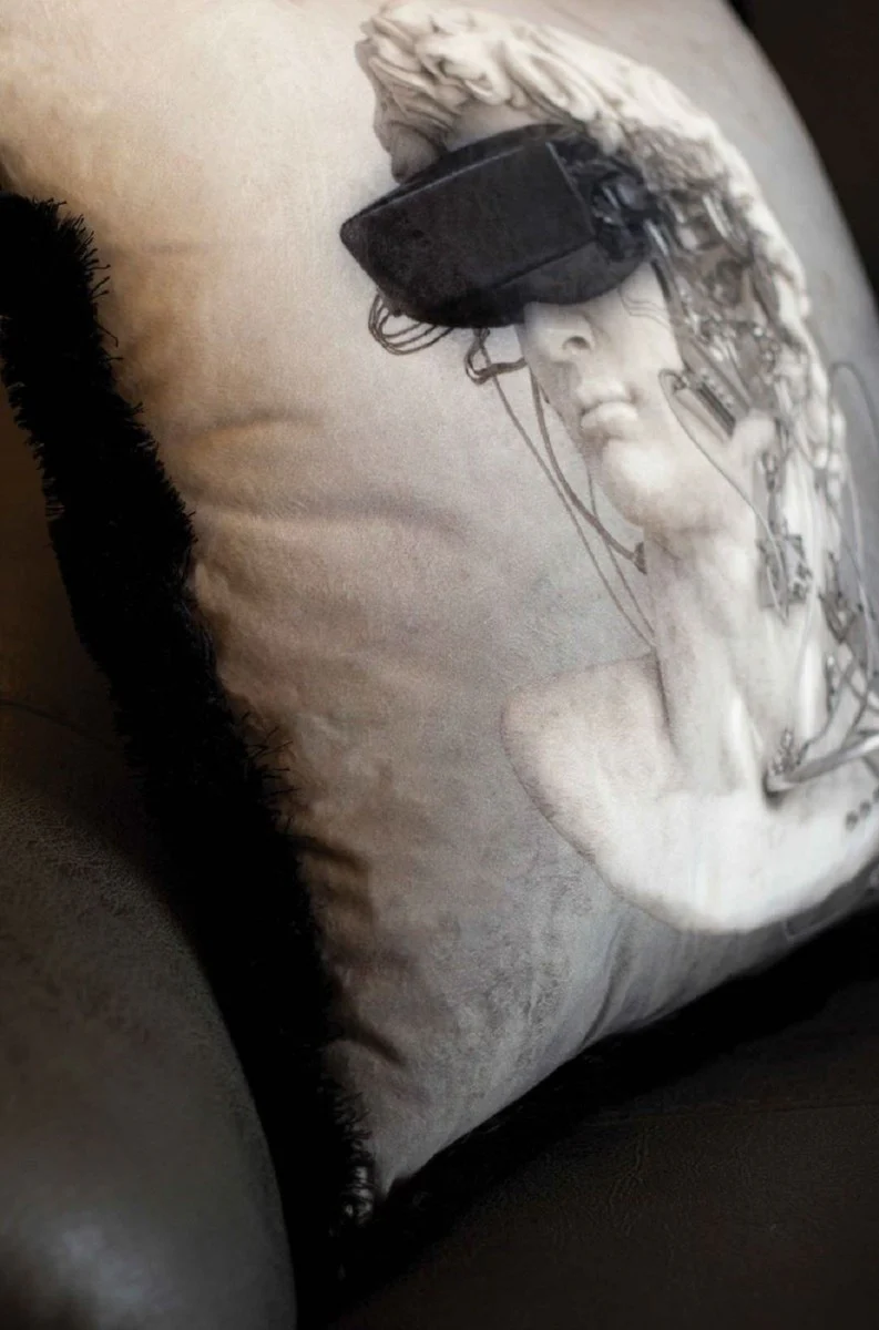 Luxury decorative cushion cyber baroque bust gray / white / black 45 x 45 cm - printed velvet cushion with fringes - luxury decorative accessories
