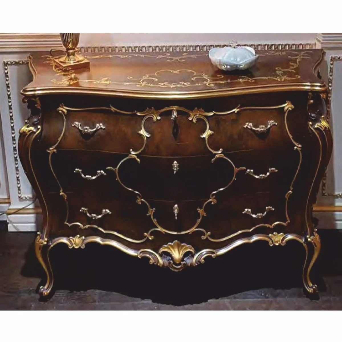 Luxury baroque chest of drawers with 3 drawers brown / gold 123 cm - Made in Italy