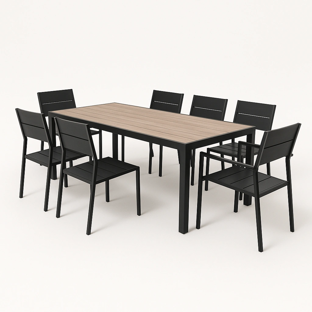 Garten-Essgruppe mit schwarzem Tisch und Stühlen