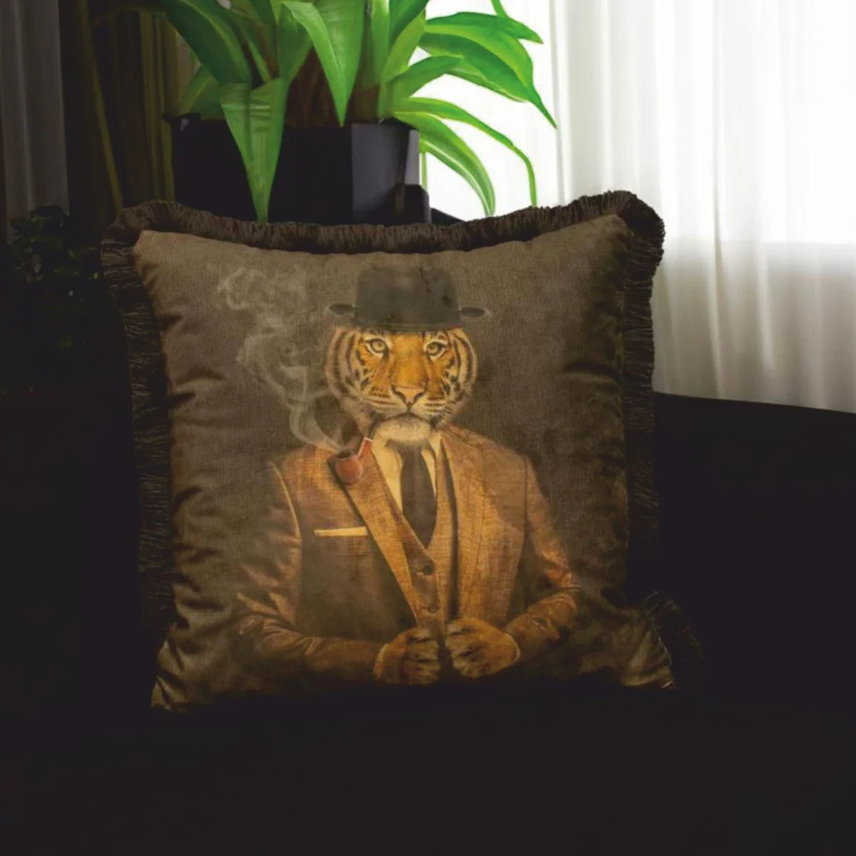 Luxury decorative velvet cushion Gentleman Tiger brown / black 45 x 45 cm