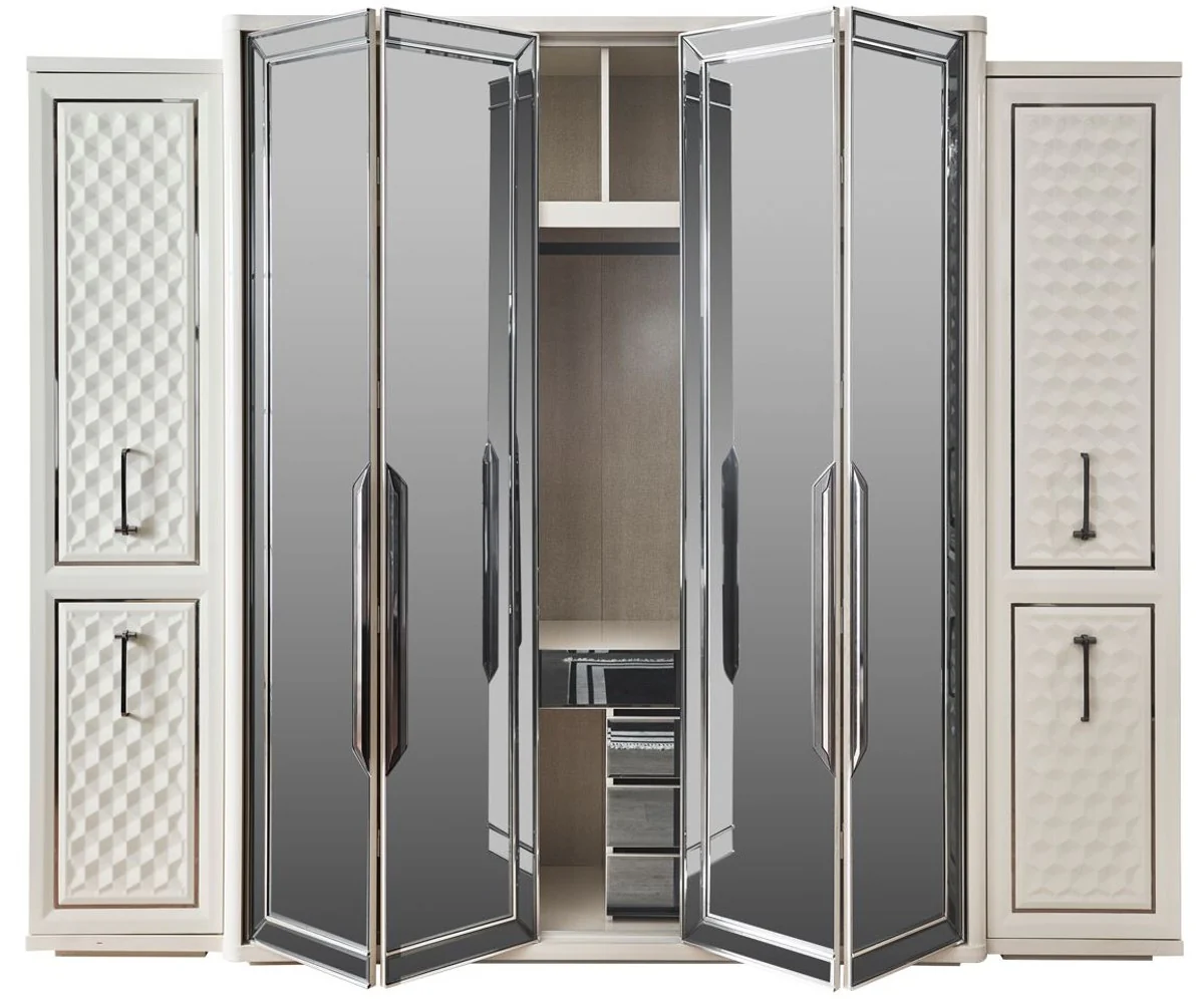 Luxury Art Deco bedroom wardrobe white / bronze 280 x 60 x H. 229 cm - Mirrored wardrobe with 4 doors - Bedroom furniture - Art Deco furniture - Luxury furniture - Luxury furnishings