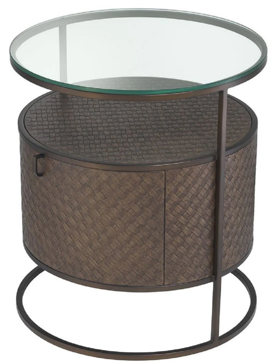 Luxury bedside table bronze Ø 50 x H. 56 cm - Round side table with drawer and glass top - Luxury bedroom furniture