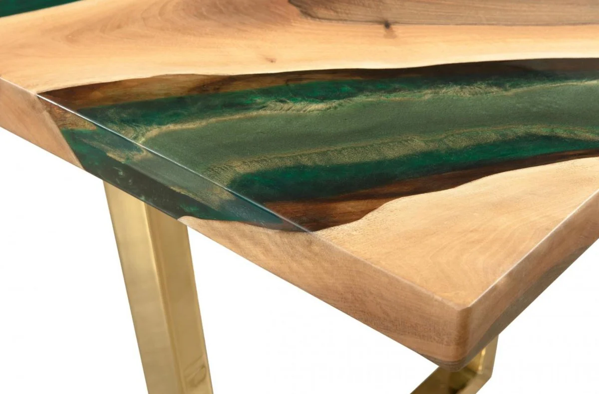 Luxury dining table natural colors / brown / green / gold 160 x 80 x H. 76 cm - Rectangular kitchen table with epoxy resin - Dining room furniture - Epoxy resin furniture - Luxury furniture