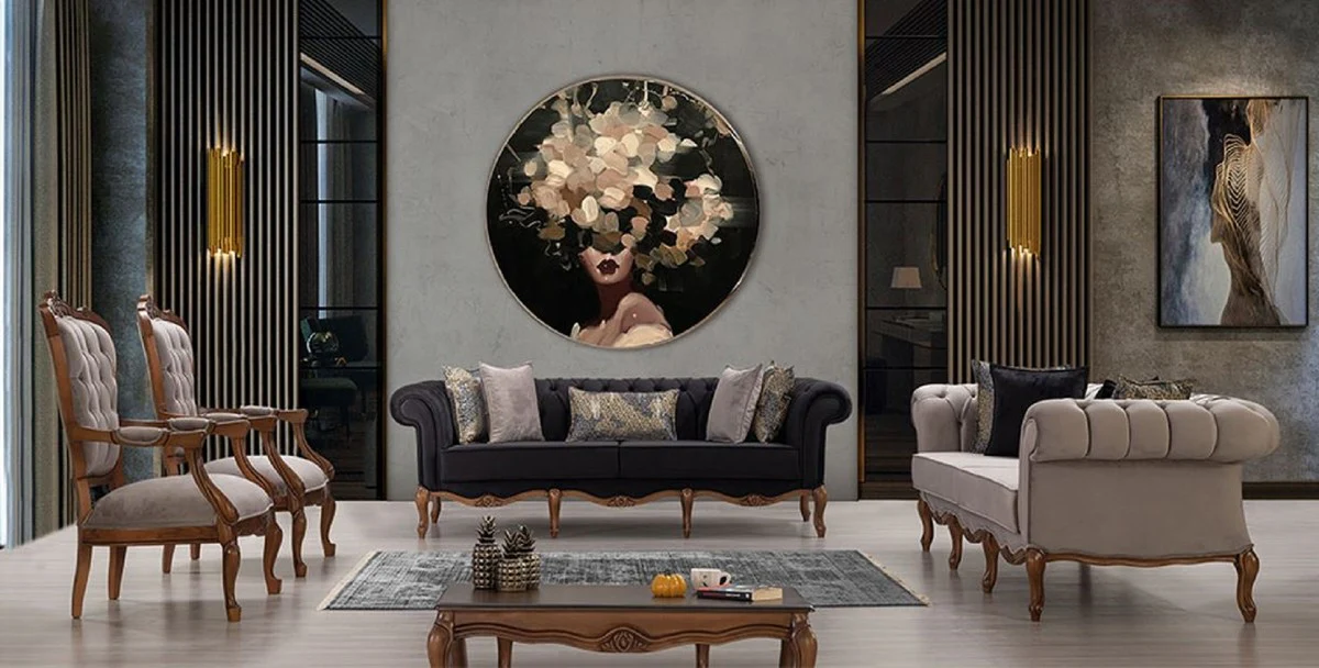 Luxus Barock Wohnzimmer Set Schwarz / Grau / Braun - 2 Sofas & 2 Sessel & 1 Couchtisch - Wohnzimmer Möbel im Barockstil - Edel & Prunkvoll