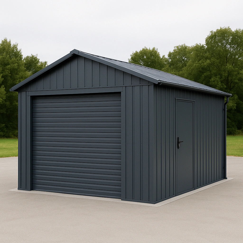 Dunkelgraue Garage aus Stahl für den Außenbereich, 480 x 300 x 280 cm