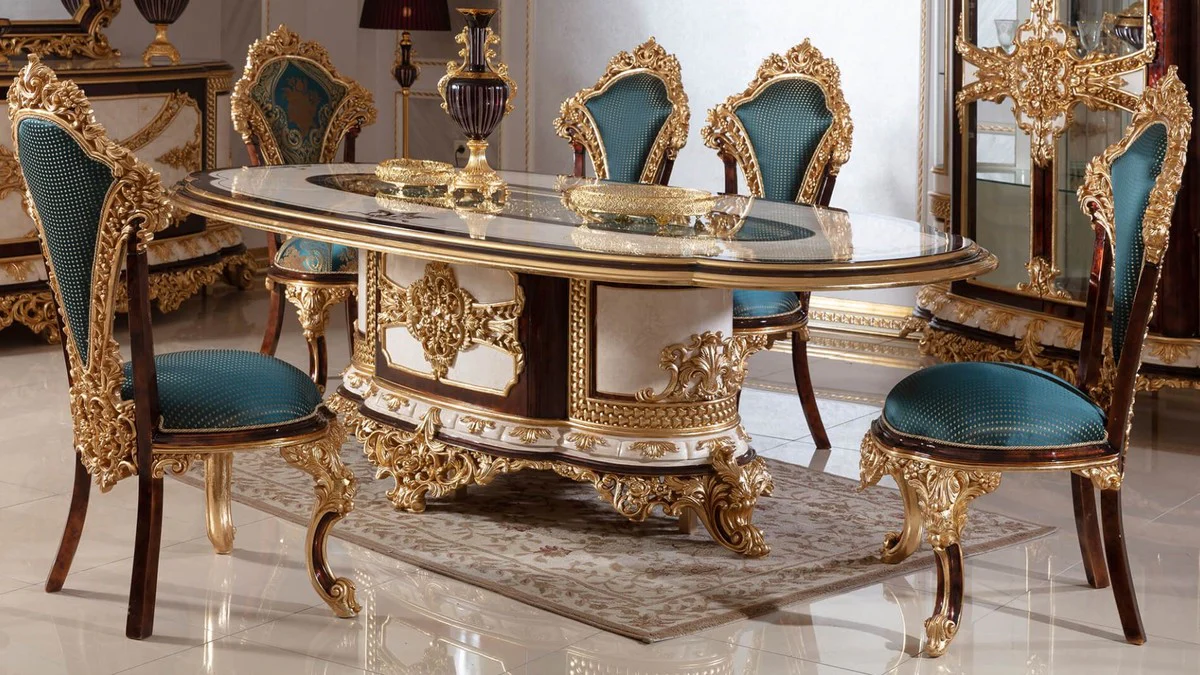 Luxury Baroque Dining Room Chair Set Blue / Brown / Gold - Handmade Kitchen Chairs Set of 6 with Elegant Pattern - Baroque Dining Room Furniture - Noble & Magnificent
