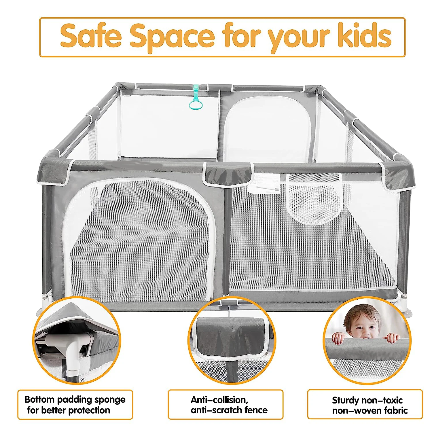 Baby-Laufstall, 127 x 127 cm, Pack N Play, Laufstall, Babygitter, Kinderaktivitätscenter, Laufstall für Babys und Kleinkinder, für drinnen und draußen (schwarz)