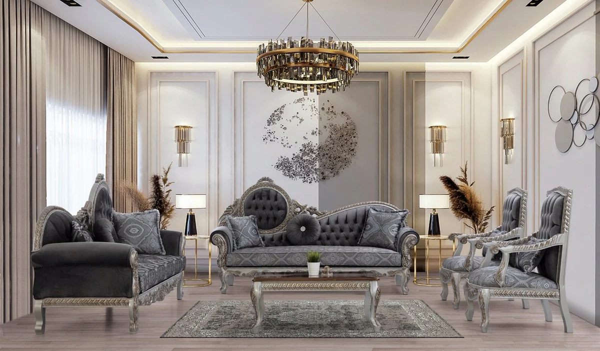Luxus Barock Wohnzimmer Set Grau / Blau / Silber / Bronze - 2 Sofas & 2 Sessel & 1 Couchtisch - Prunkvolle Wohnzimmer Möbel im Barockstil