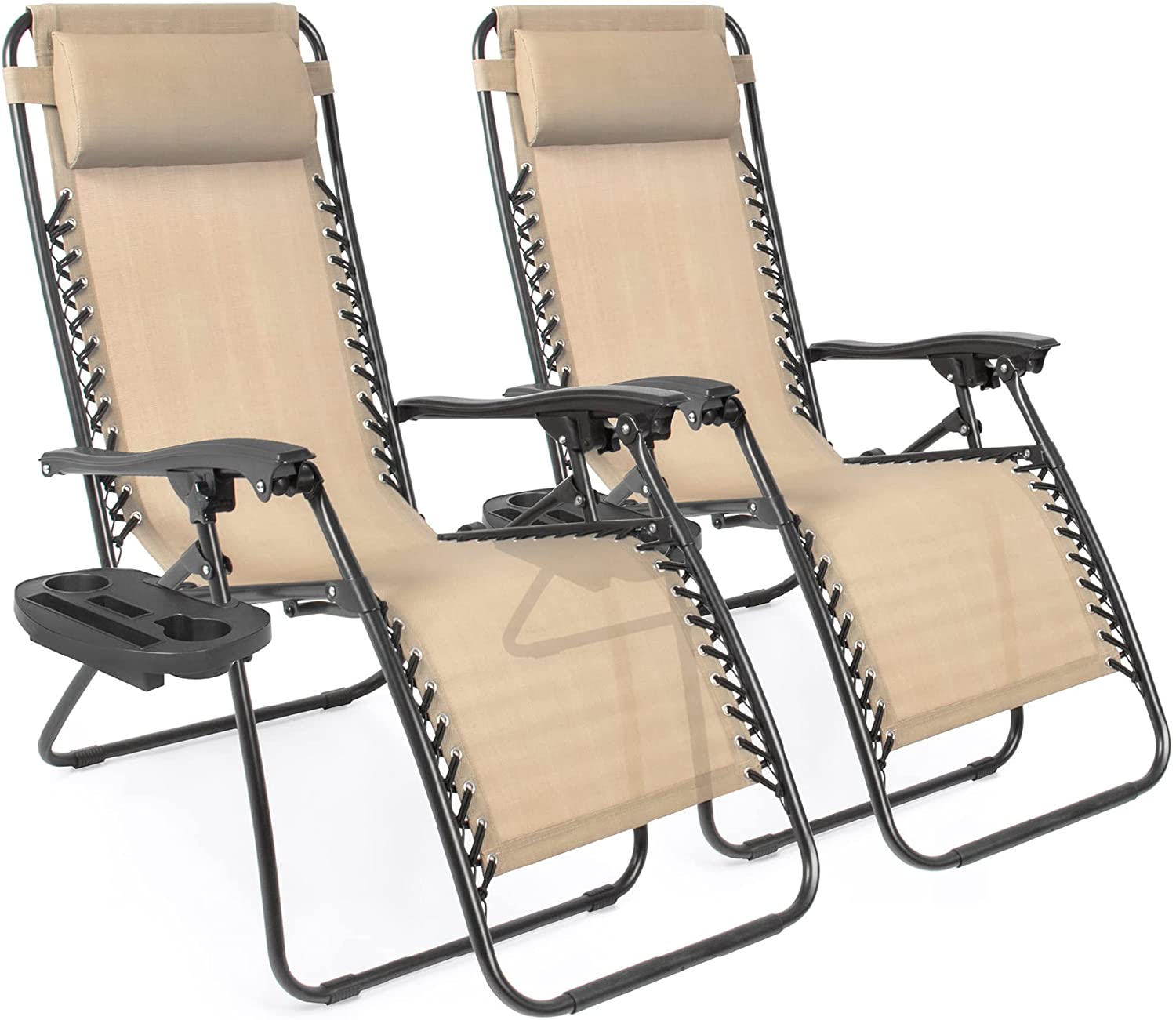 Set von 2 verstellbaren Stahl Mesh Zero Gravity Lounge Chair Recliners w/Pillows und Cup Holder Trays