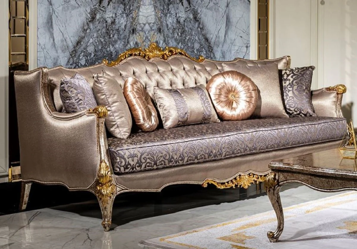Luxury Baroque Sofa Silver / Purple / Antique Silver / Brown / Gold - Handmade Living Room Sofa with Elegant Pattern and Decorative Pillows - Living Room Furniture in Baroque Style