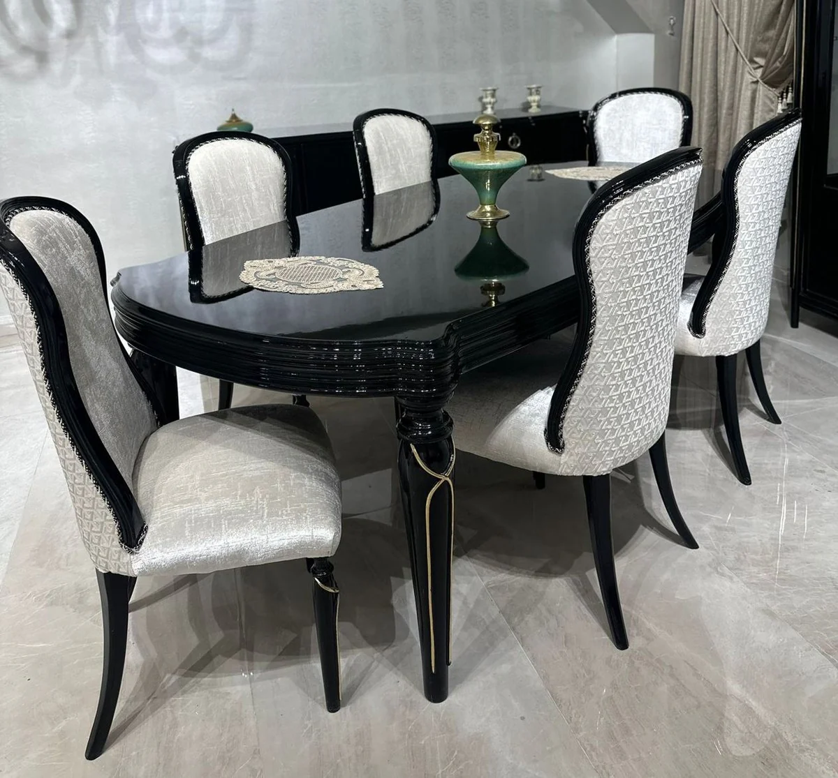 Luxury Baroque Dining Room Set Cream / Black / Gold - 1 Dining Table & 6 Dining Chairs