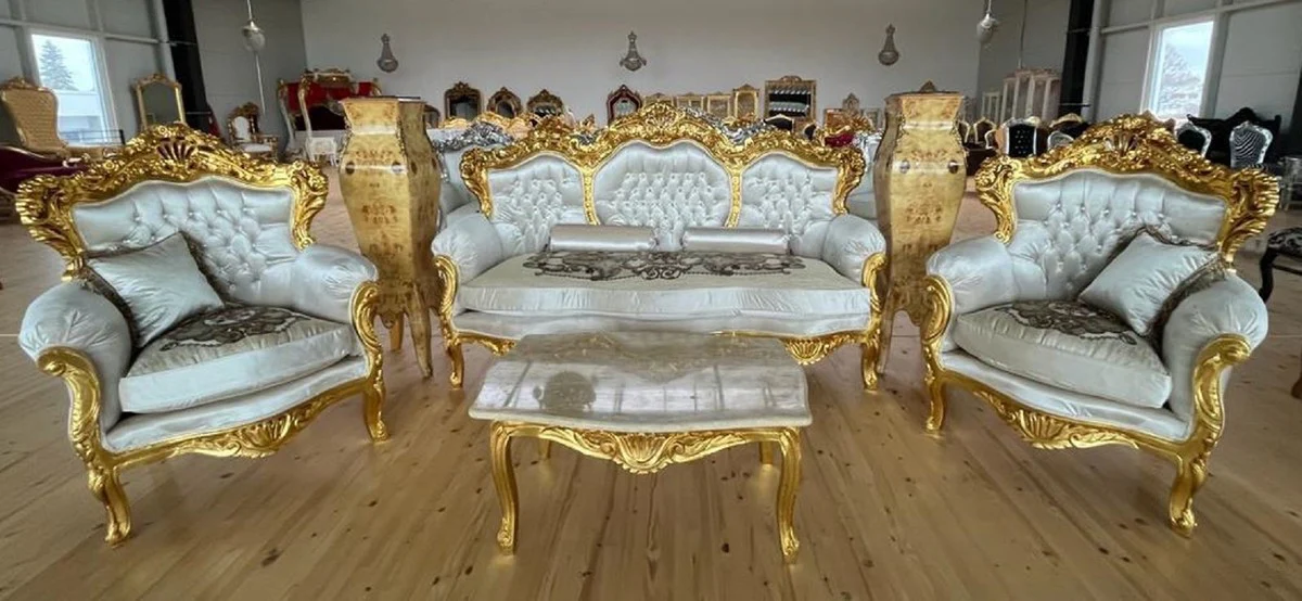 Barock Wohnzimmer Set Silber Muster / Gold - 1 Barock Sofa & 2 Barock Sessel - Wohnzimmer Möbel im Barockstil - Barock Möbel - Barock Wohnzimmer Einrichtung
