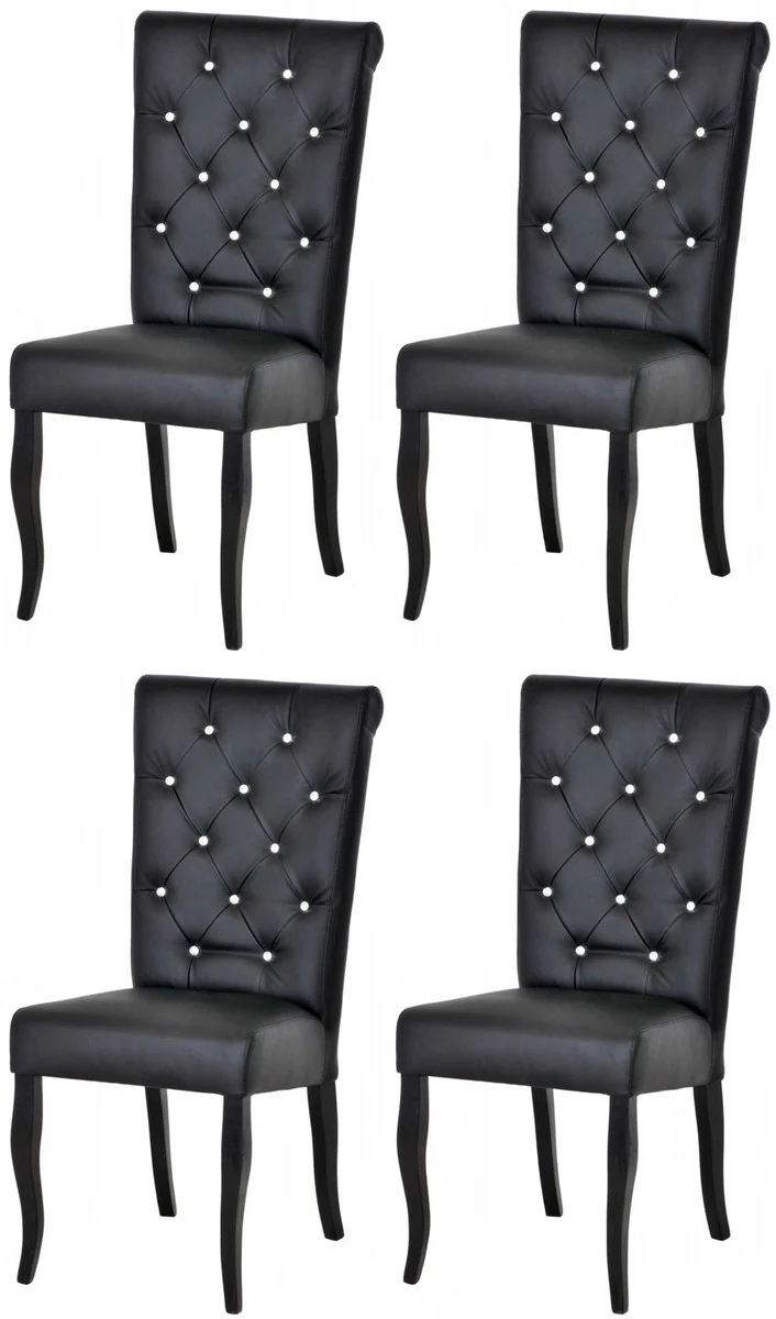 Chesterfield Neo Baroque Dining Room Chair Set of 4 Black / Black - Faux Leather Kitchen Chairs with Glitter Stones - Dining Room Furniture - Chesterfield Furniture - Neo Baroque Furniture