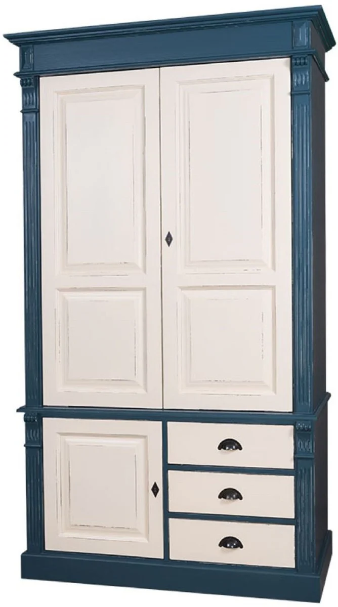Country house style wardrobe antique blue / antique cream 120 x 59 x H. 210 cm - solid wood bedroom cabinet with 3 doors and 3 drawers - country house style bedroom furniture