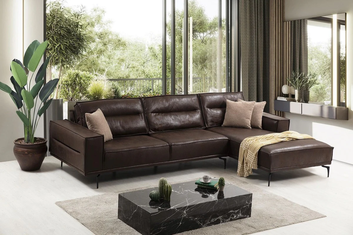 Luxury corner sofa brown / black 305 x 185 cm - Modern living room sofa with nubuck faux leather - Luxury sofa bed - Luxury living room furniture
