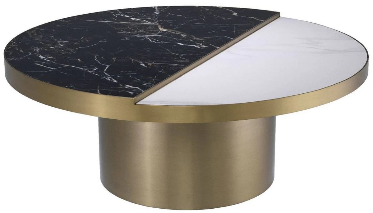 Luxury coffee table black / white / brass Ø 89 x H. 55.5 cm - Round stainless steel living room table with 2 semicircular ceramic plates - Living room furniture - Luxury furniture
