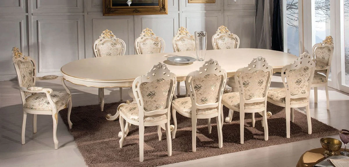 Luxury Baroque Dining Room Set Ivory / Multicolored / Gold - 1 Dining Table 350 cm & 10 Dining Room Chairs - Baroque Furniture