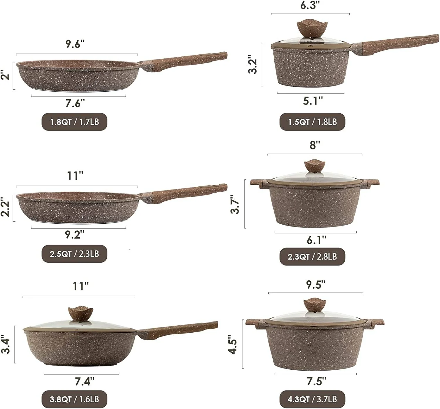 Antihaftbeschichtetes Kochgeschirr-Set, 10-teiliges Set aus Töpfen und Pfannen, antihaftbeschichtet, gesundes Antihaft-Induktionskochgeschirr aus Stein, Küchen-Granit-Kochset mit Bratpfannen und Topf, PFOS, PFOA-frei (brauner Granit)