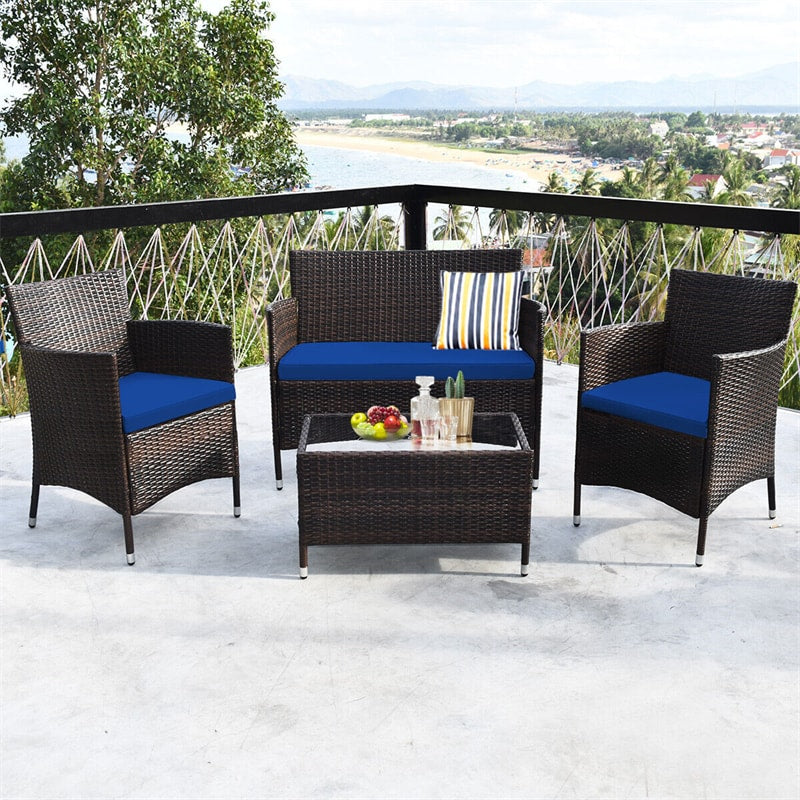 4 Pcs Outdoor Rattan Patio Conversation Set Wicker Furniture Set with Coffee Table and Cushion Sofas