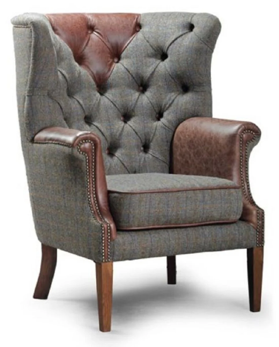 Luxury Chesterfield armchair gray / vintage dark brown / brown 88 x 88 x H. 114 cm - living room armchair with real leather - Chesterfield living room furniture