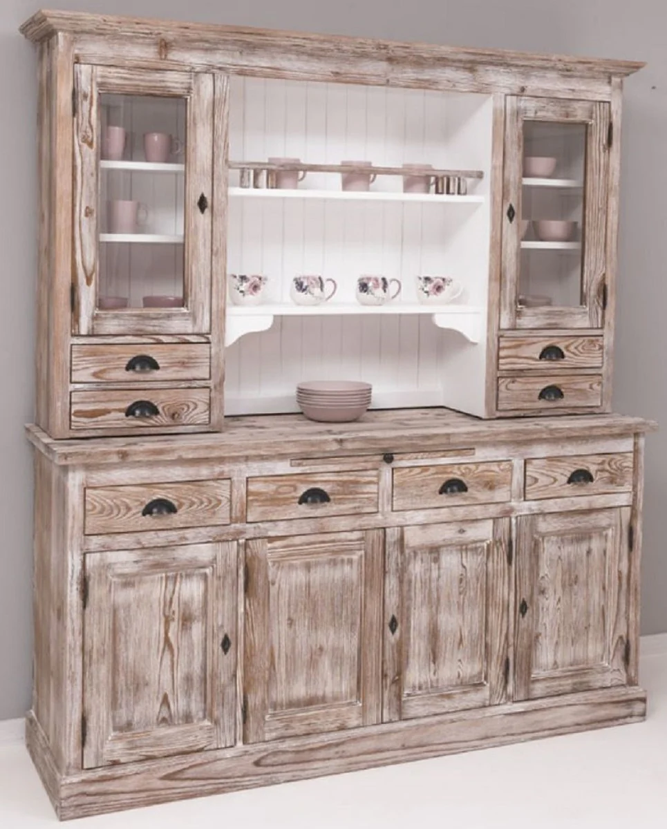 Country house style dining room cabinet brown / white 180 x 50 x H. 197 cm - solid wood kitchen cabinet - dining room furniture in country house style - country house style dining room furnishings