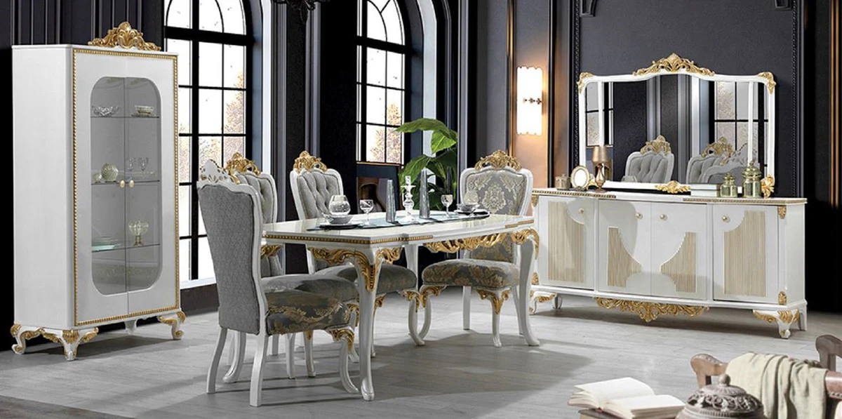 Luxury Baroque dining room set gray / white / gold - 1 dining table & 6 dining chairs & 1 display cabinet & 1 sideboard with wall mirror - Baroque dining room furniture - noble & magnificent