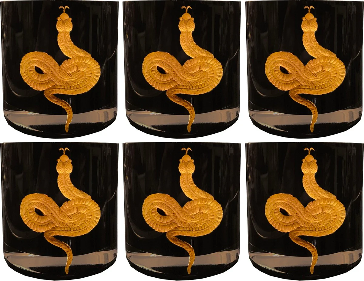 Luxury whiskey glass set of 6 snake black / gold Ø 8 x H. 9 cm - handmade and hand-engraved whiskey glasses - 24K gold plating - luxury quality